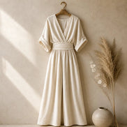 V-Neck Wide-Leg Jumpsuit with Pleated Waist Sash