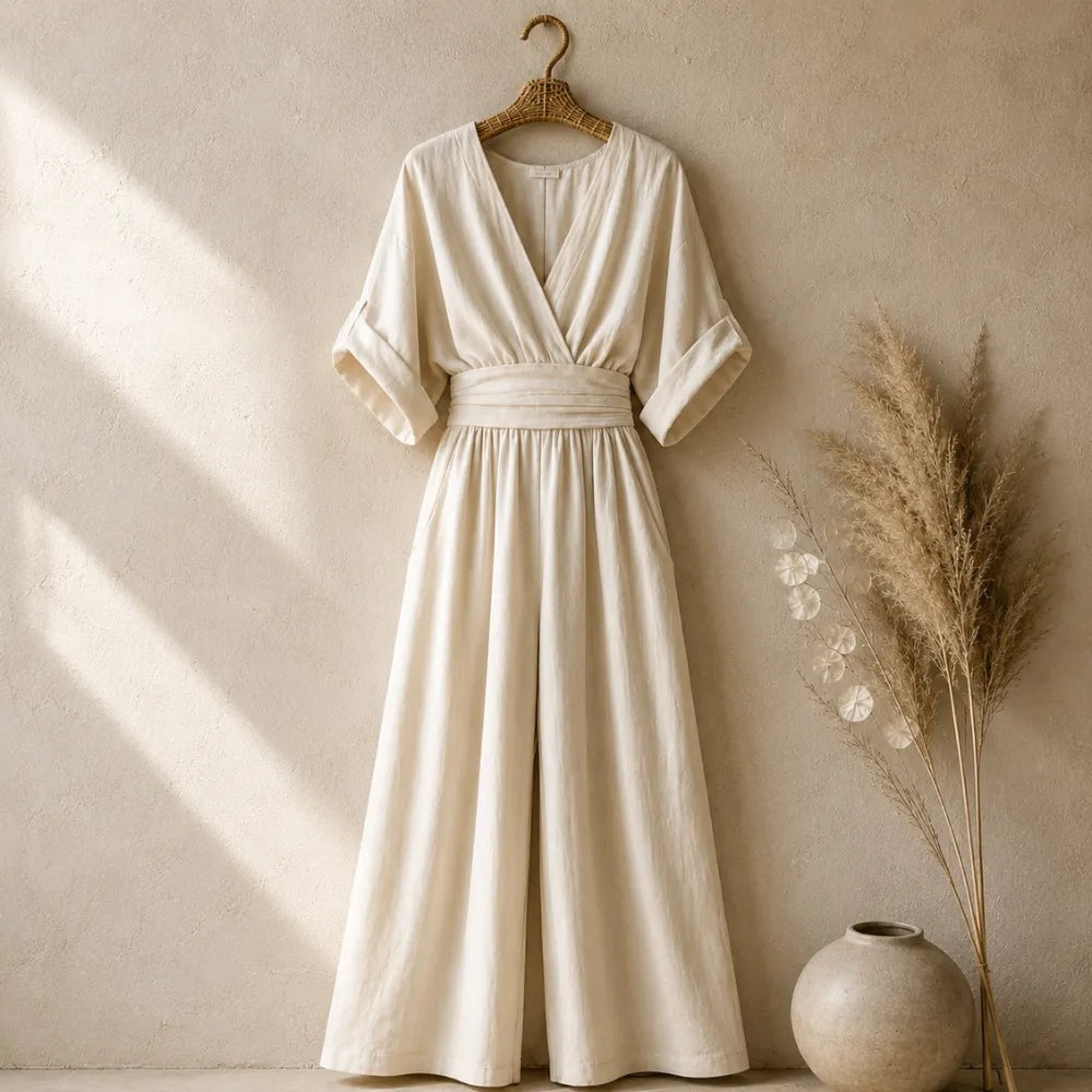 V-Neck Wide-Leg Jumpsuit with Pleated Waist Sash