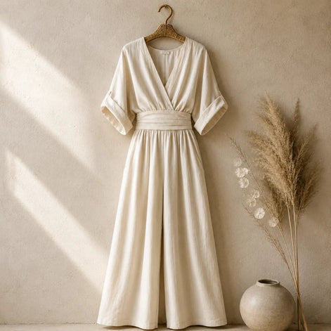 V-Neck Wide-Leg Jumpsuit with Pleated Waist Sash