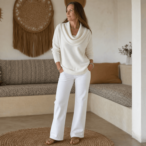 Women's Cowl Neck Drape Knitted Jumper with Soft Stretch