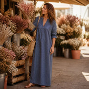 Striped V-Neck Maxi Dress with Pockets and Long Sleeves