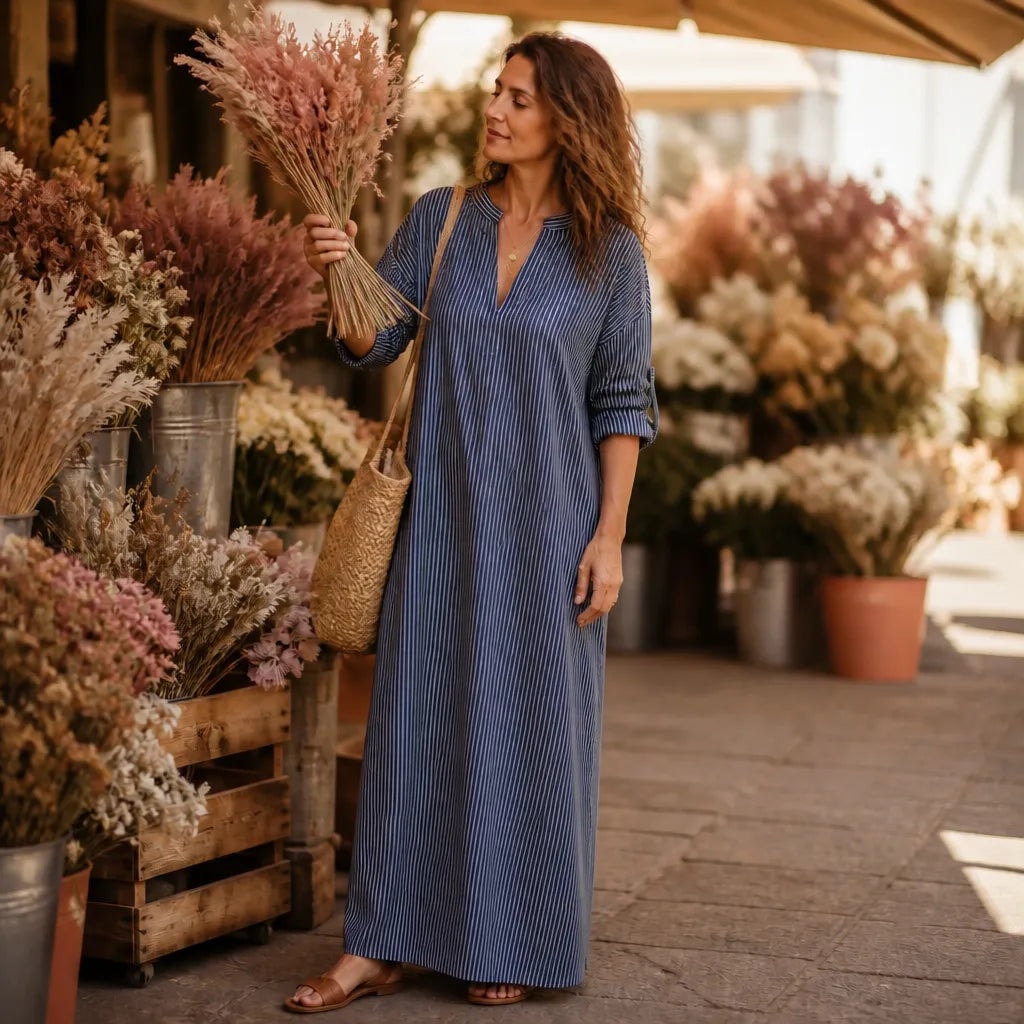 Striped V-Neck Maxi Dress with Pockets and Long Sleeves