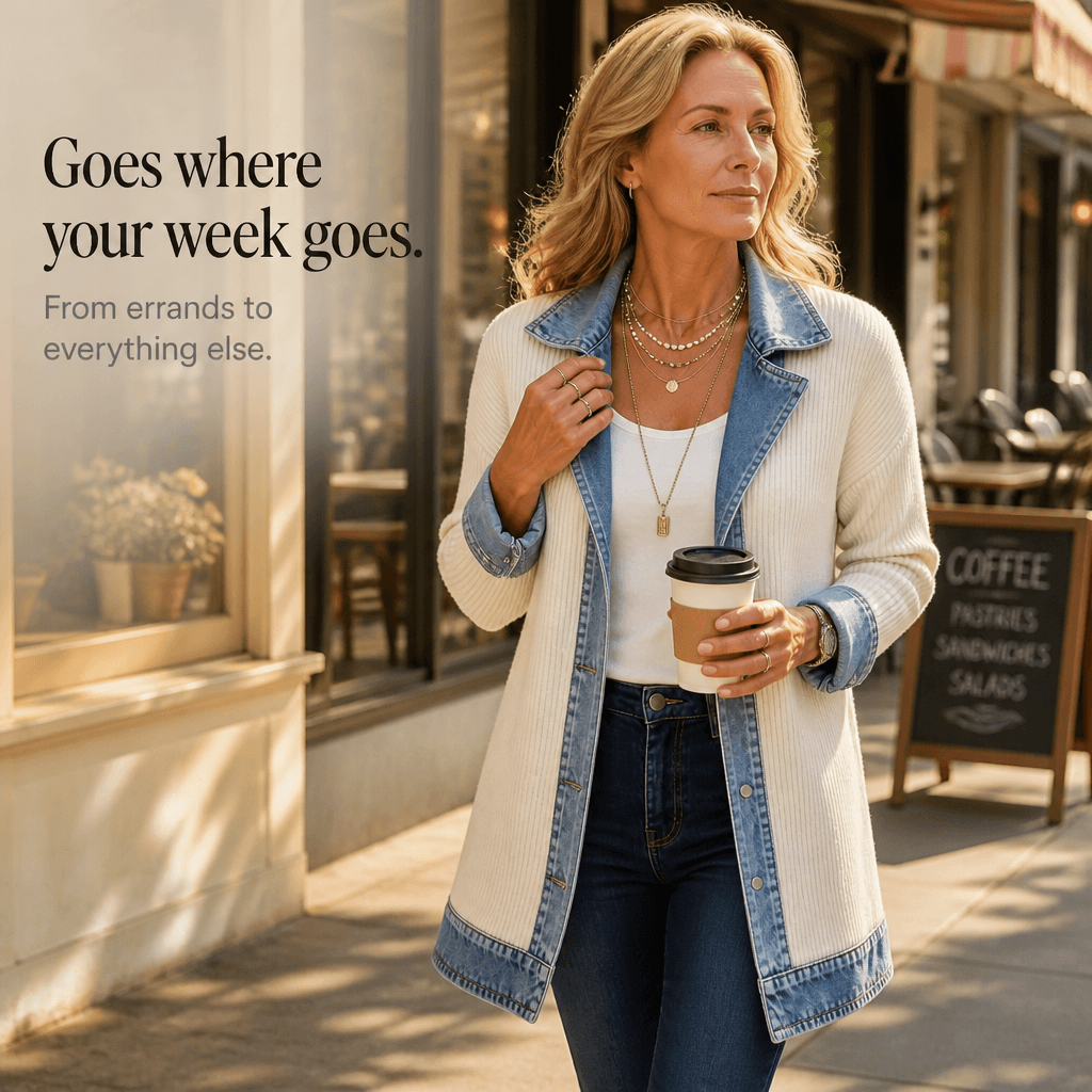 Women's Ribbed Knit Cardigan Coat with Denim Panel Trim