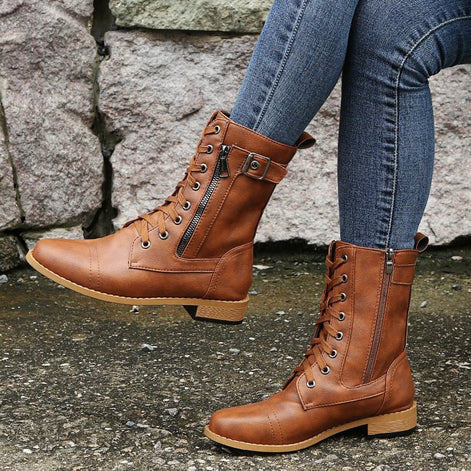 Hazel Faux Leather Combat Boots with Side Zip and Buckle Detail for Women