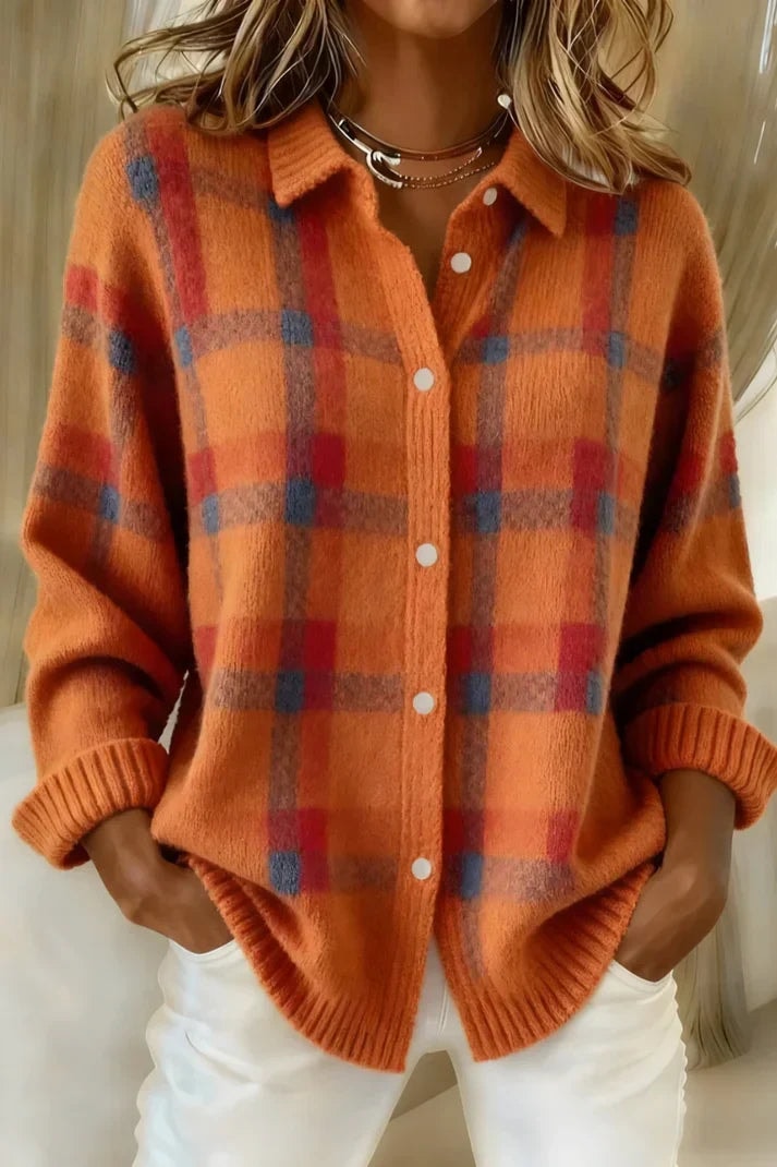 Ofelia Plaid Knitted Jumper Longline Button-Front Cardigan Sweater