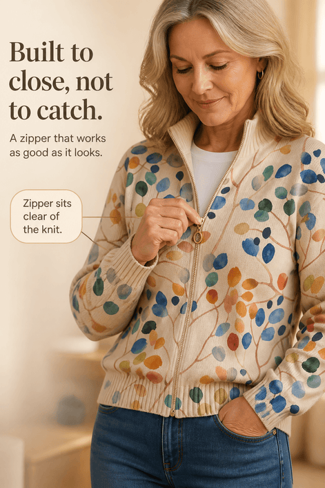 Women's Botanical Print Zip-Up Knit Bomber Cardigan
