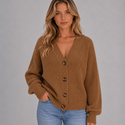Women's Chunky Ribbed Knitted Cardigan with V-Neck and Button Front