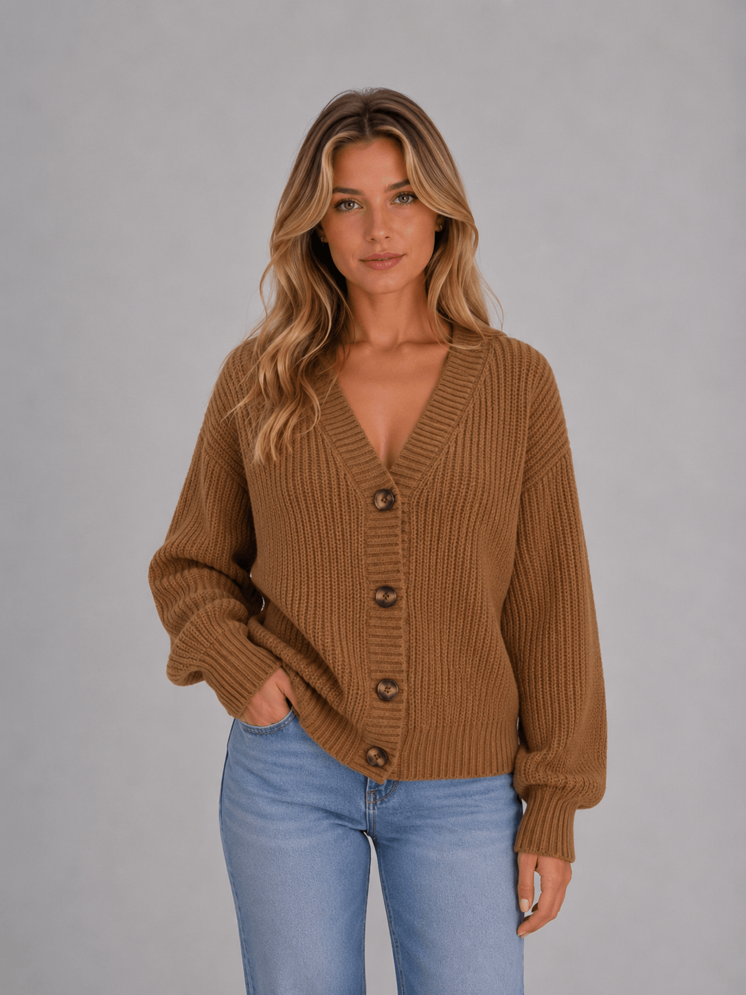 Women's Chunky Ribbed Knitted Cardigan with V-Neck and Button Front
