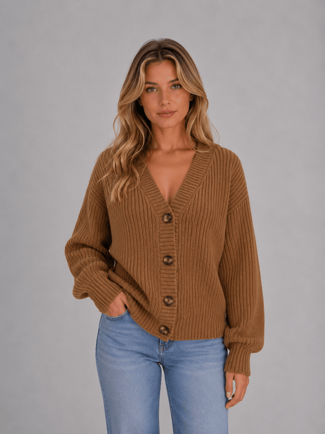 Women's Chunky Ribbed Knitted Cardigan with V-Neck and Button Front