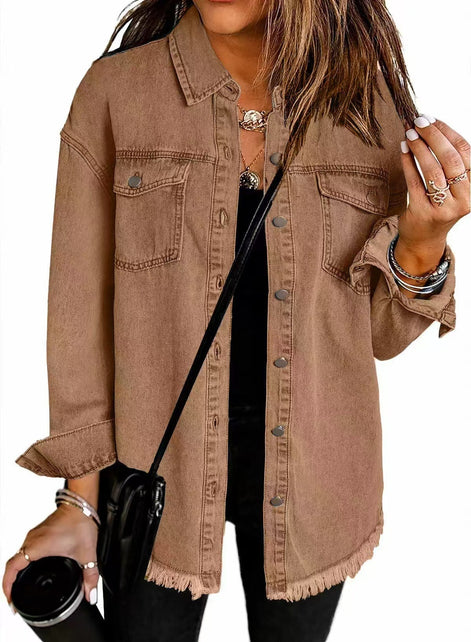 Wilda Women's Oversized Denim Shirt Coat with Frayed Hem