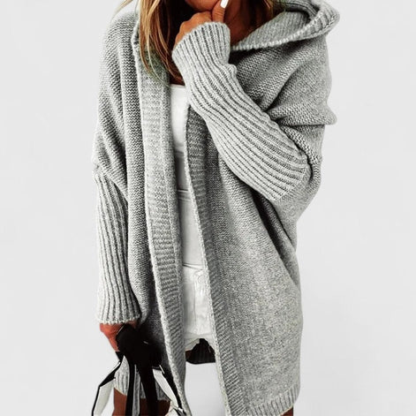 Rosalynne Oversized Hooded Women's Knitted Cardigan with Knee-Length Cut
