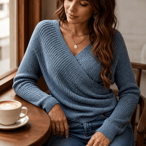 Women's Cinchable Crossover Wrap V-Neck Knitted Jumper with Side Gather