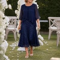 Elavine Lace Overlay Chiffon Women's Midi Dress with Sheer Sleeves