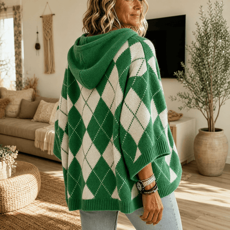 Women's Hooded Argyle Batwing Poncho Knit Jumper