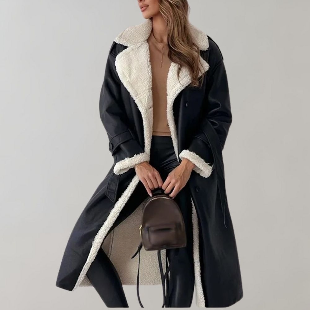 Long Belted Teddy Collar Faux Leather Winter Coats for Women