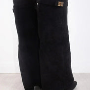 Suede Fold-Over Boots with Gold Buckle Detail for Women
