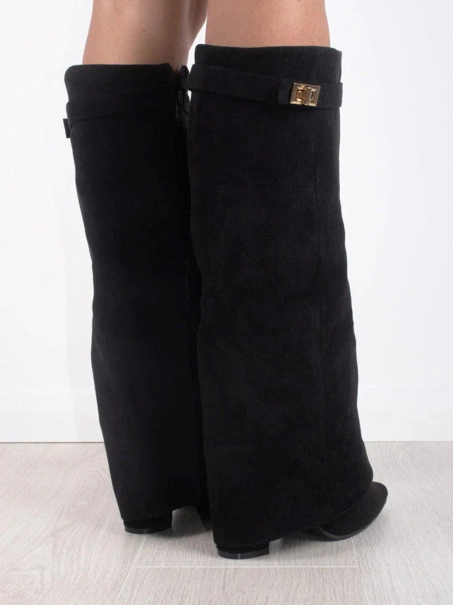 Suede Fold-Over Boots with Gold Buckle Detail for Women