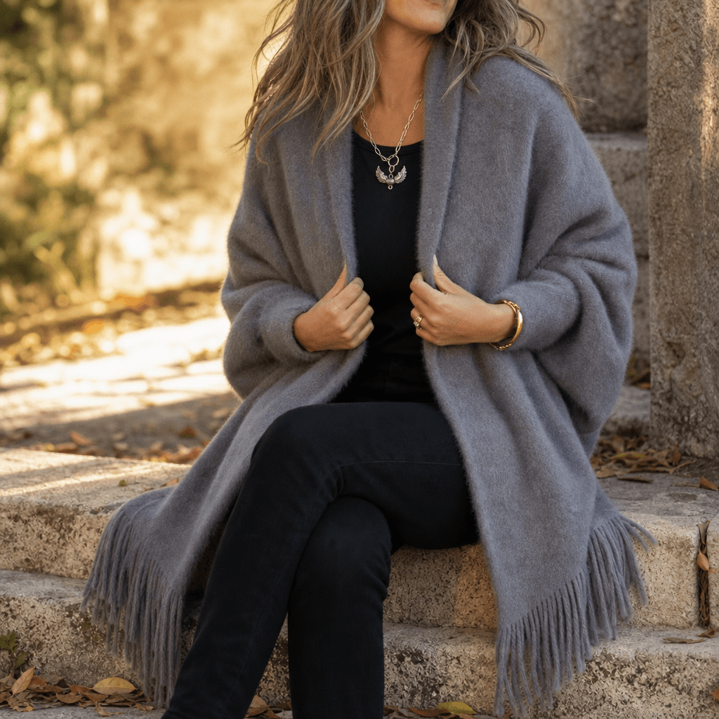 Women's Fringed Draped Shawl Collar Open-Front Wool Wrap Coat for Winter