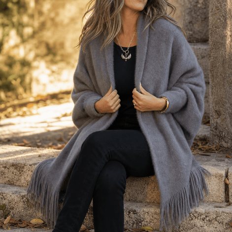 Women's Fringed Draped Shawl Collar Open-Front Wool Wrap Coat for Winter