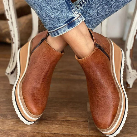 Courtney Faux Leather Wedge Boots for Women with Side Zip and Round Toe