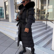 Belted Faux Fur Hood Long Puffer Winter Coats for Women