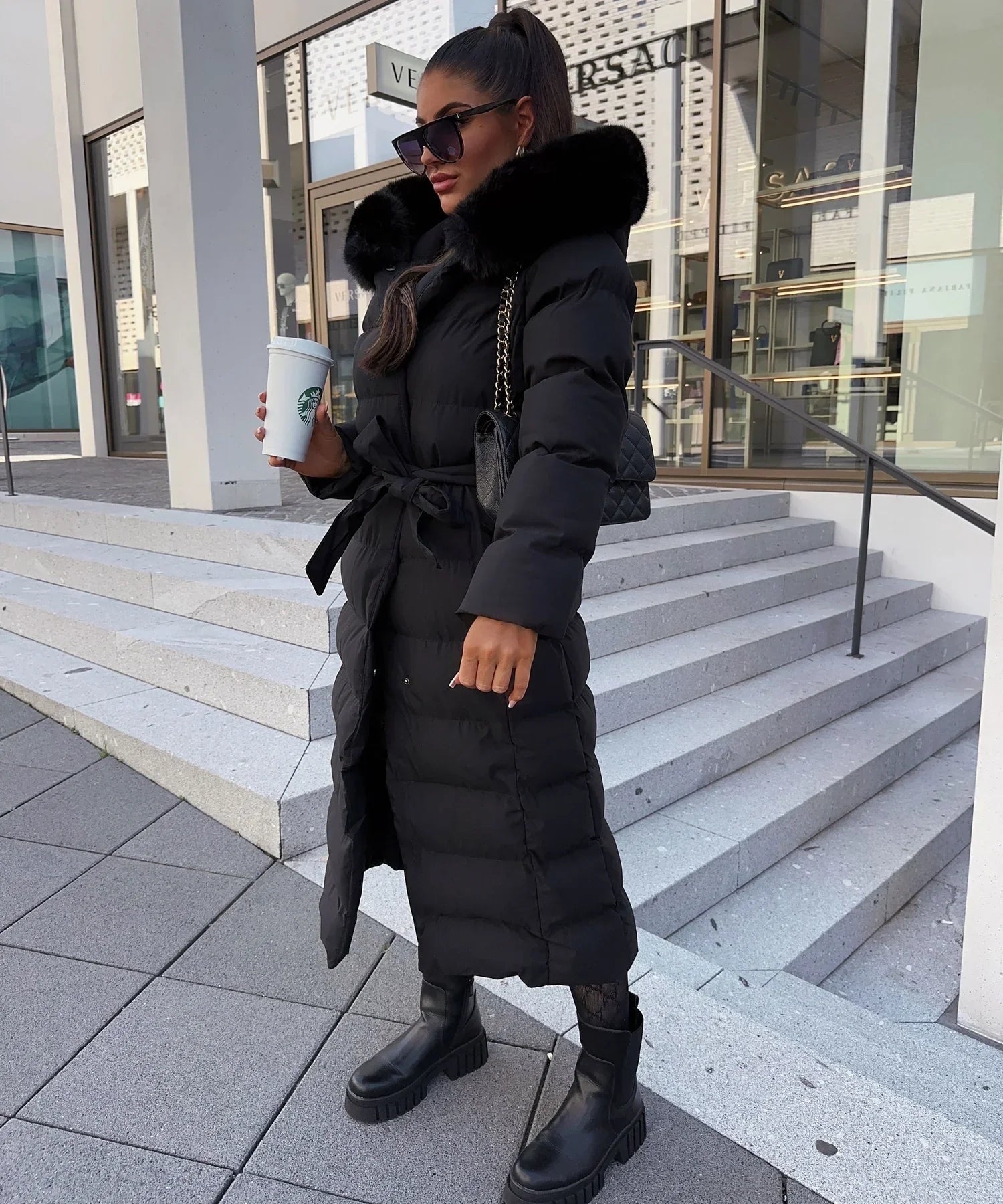 Belted Faux Fur Hood Long Puffer Winter Coats for Women