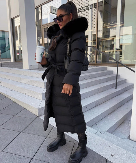 Belted Faux Fur Hood Long Puffer Winter Coats for Women