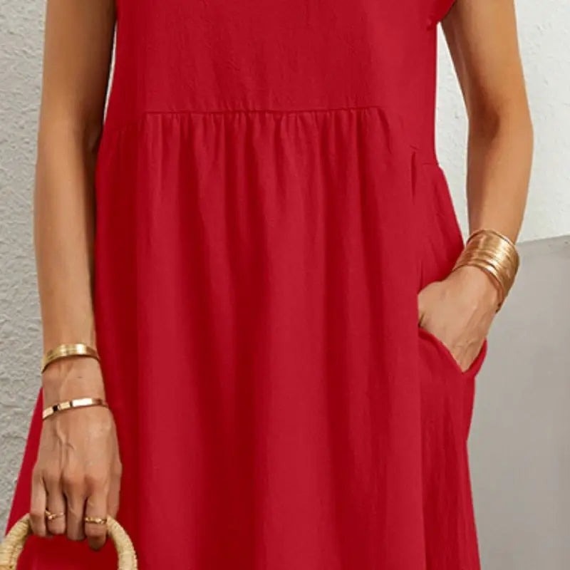 Casual Cotton Midi Shift Christmas Party Dress with Pockets for Autumn Wear