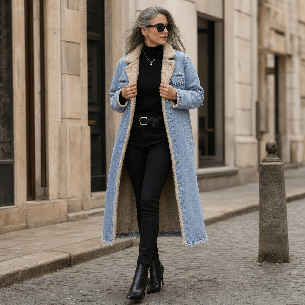 Denora Sherpa-Lined Full-Length Denim Winter Coat for Women