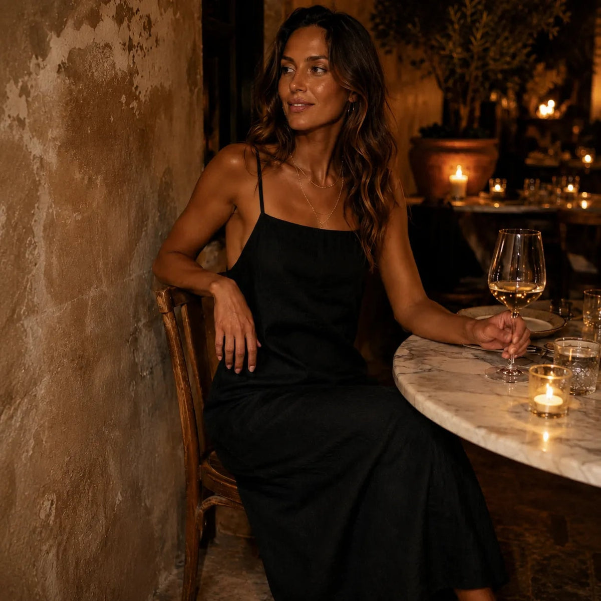 Women's Linen-Look Maxi Slip Dress with Adjustable Straps