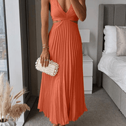 Sanne Pleated Satin Cutout Midi Dress for Women with V-Neck