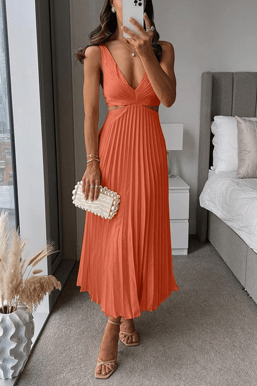 Sanne Pleated Satin Cutout Midi Dress for Women with V-Neck