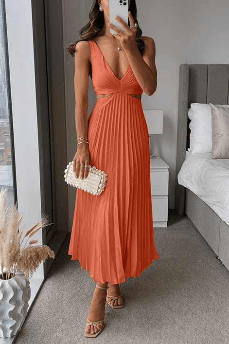 Sanne Pleated Satin Cutout Midi Dress for Women with V-Neck