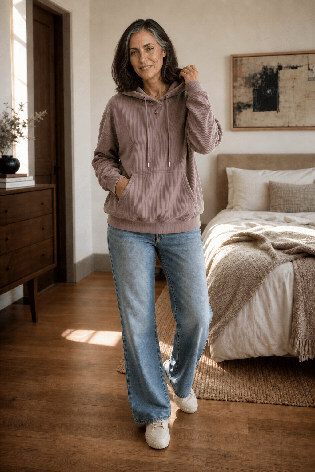 Women's Ribbed Corduroy-Look Hoodie with Front Pocket