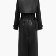 Long Belted Faux Leather Trench Winter Coats Women Solid