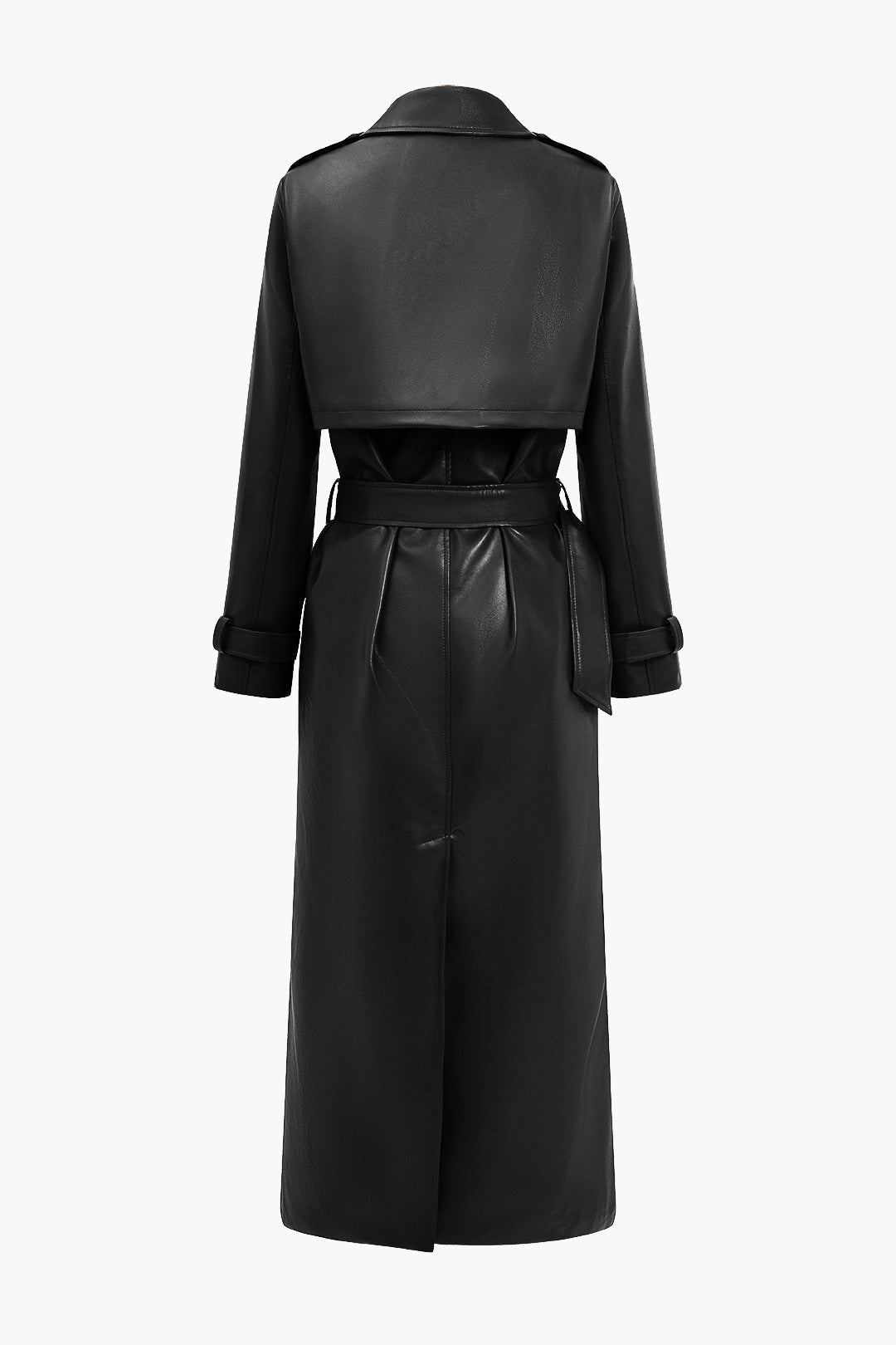 Long Belted Faux Leather Trench Winter Coats Women Solid