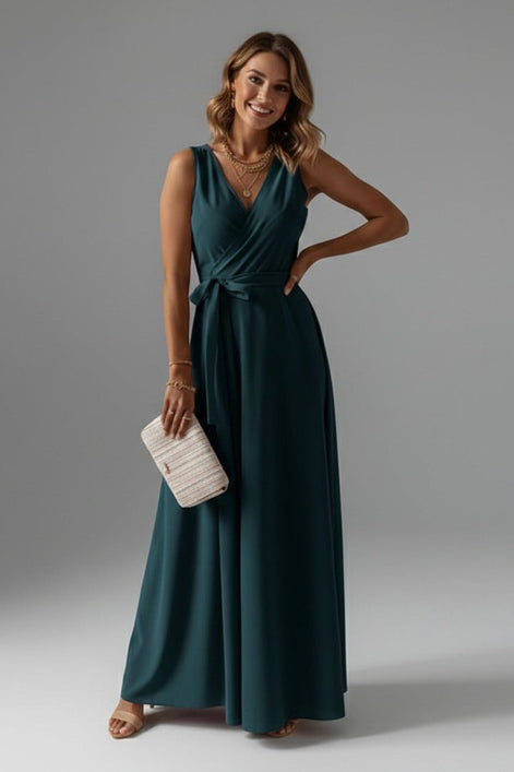Satin Wrap Maxi Dress with Tie Waist for Christmas Party in Red
