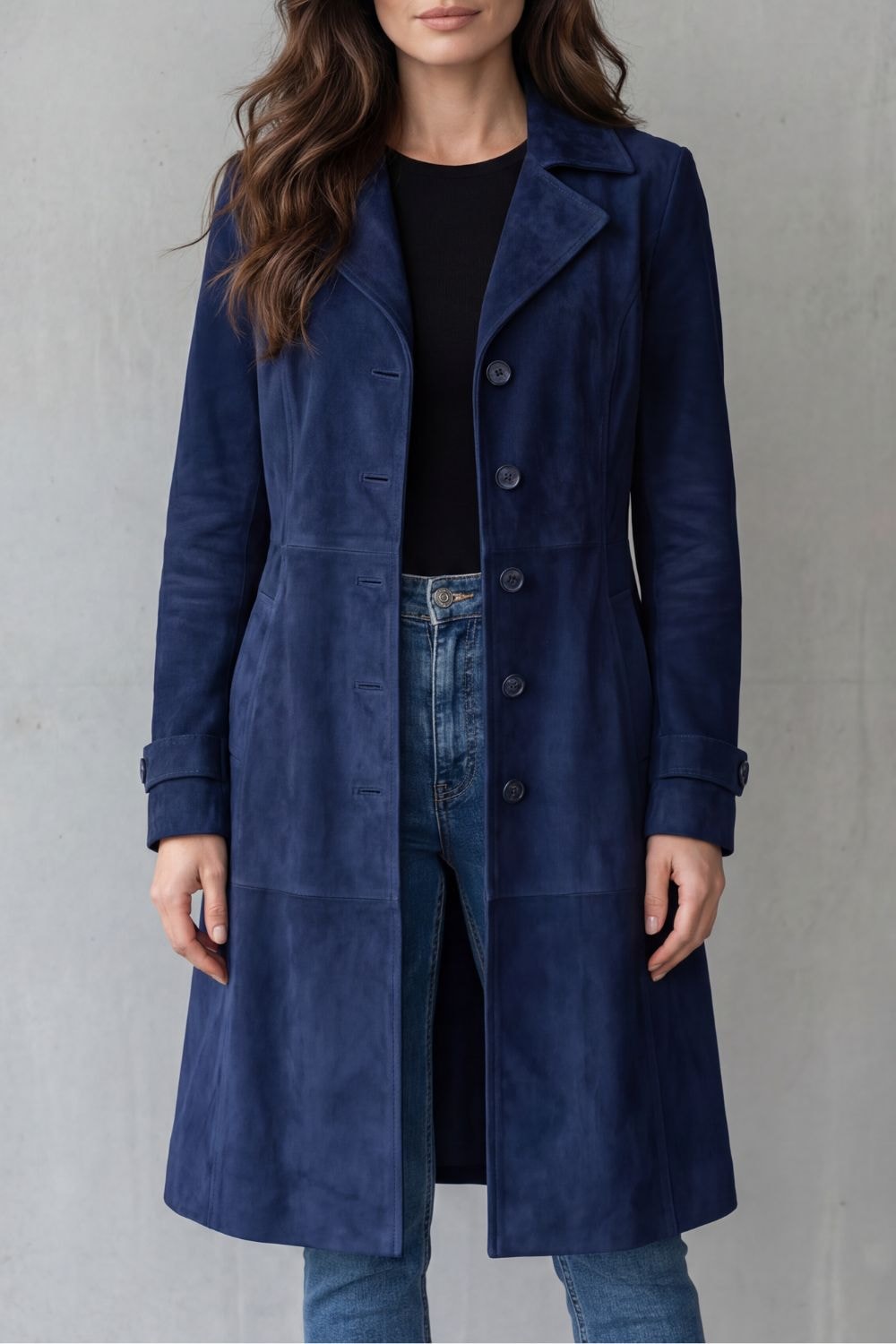 Women's Suede-Finish Longline Tailored Winter Coat with Notched Collar