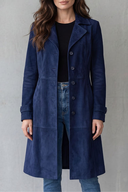 Women's Suede-Finish Longline Tailored Winter Coat with Notched Collar