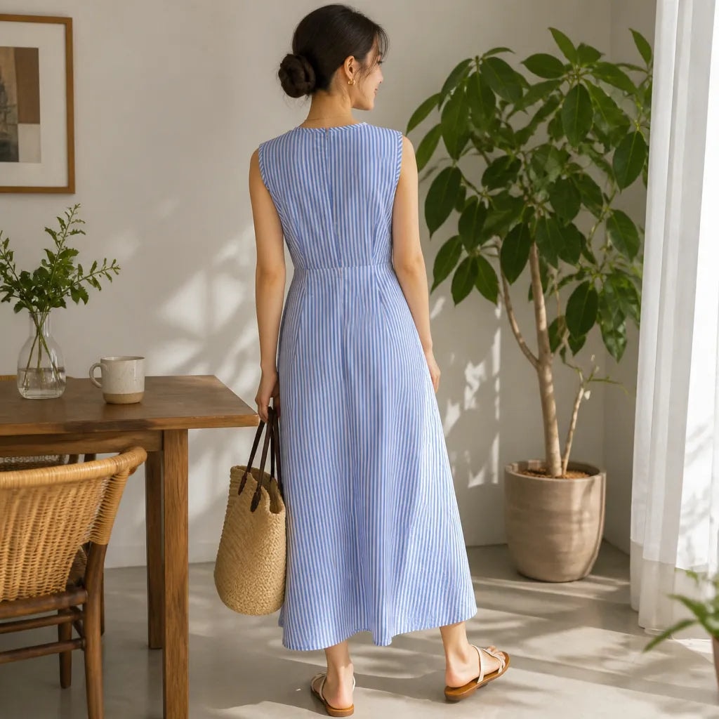 Women's Wrap-Waist Striped Sleeveless Maxi Dress