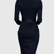 Long Sleeve Belted Bodycon Christmas Dress with Stand Collar