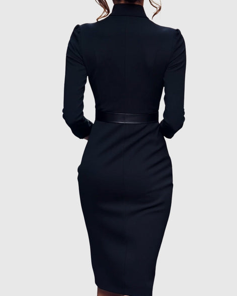 Long Sleeve Belted Bodycon Christmas Dress with Stand Collar