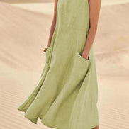 Sleeveless Linen-Look Midi Dress with Pockets