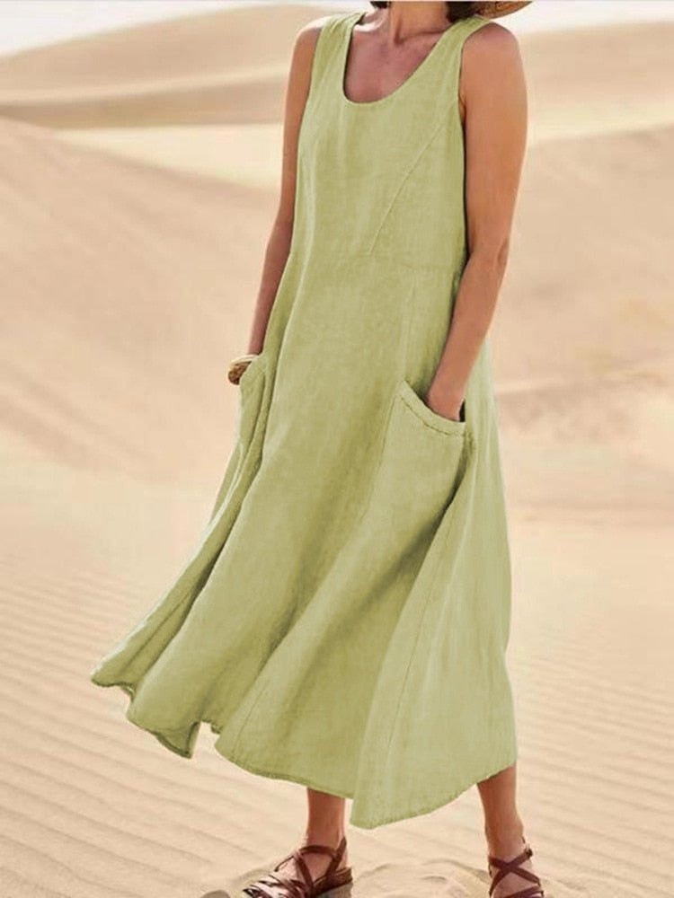 Sleeveless Linen-Look Midi Dress with Pockets