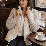 Women's Quilted Puffer Jacket with Knit Panel Trim at Waist and Cuffs
