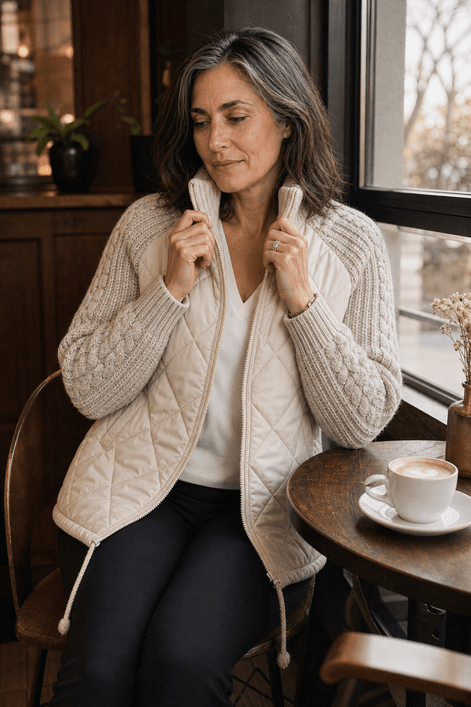 Women's Quilted Puffer Jacket with Knit Panel Trim at Waist and Cuffs