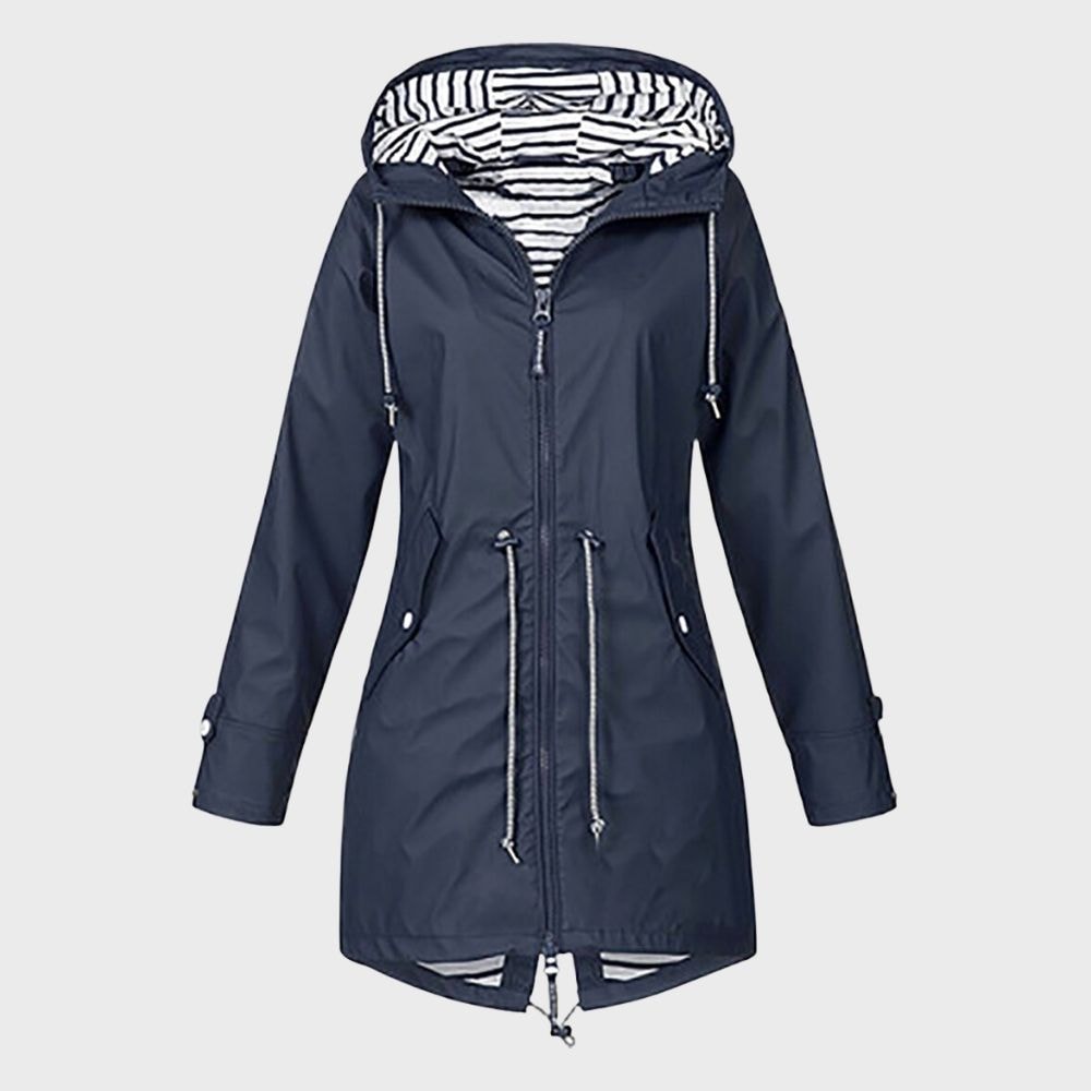 Longline Hooded Waterproof Jacket with Drawstring Waist
