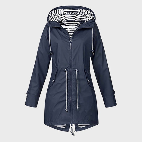 Longline Hooded Waterproof Jacket with Drawstring Waist