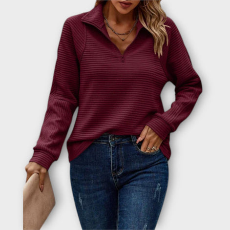 Chrystah Ribbed Quarter-Zip Pullover with Stand Collar