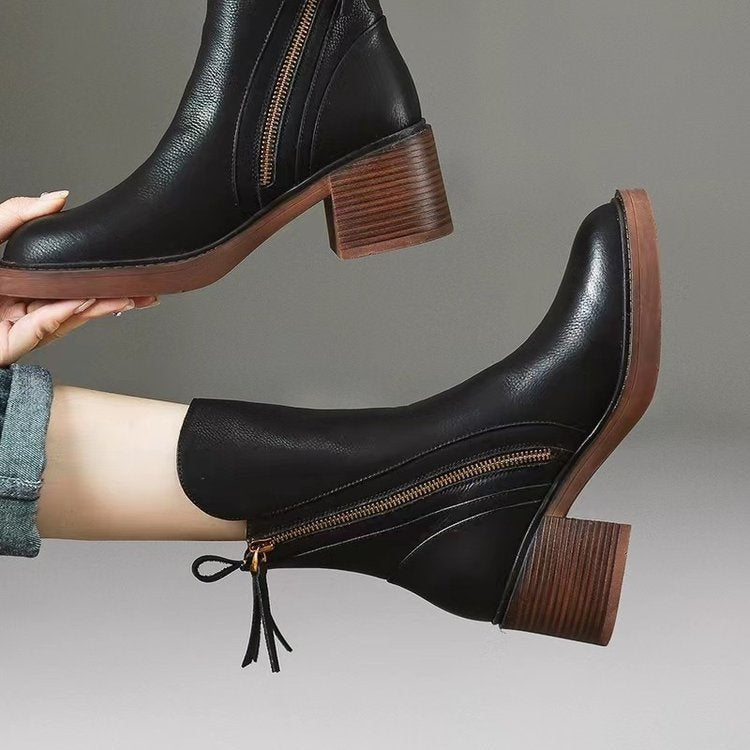 Bellora Zip-Detail Leather Ankle Boots for Women with Block Heel